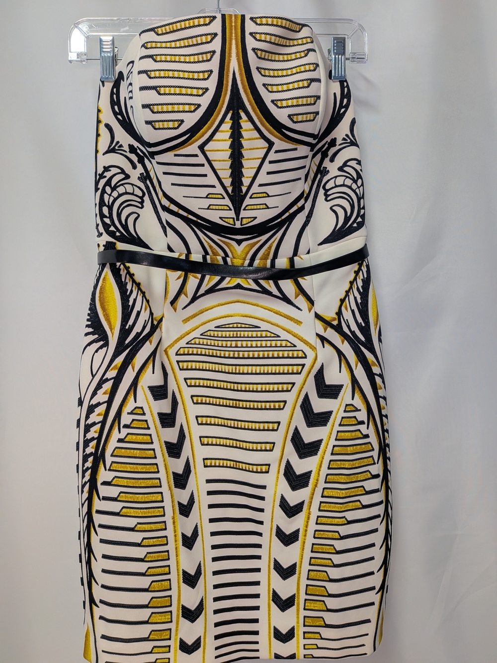 Boston Proper Strapless Cream Dress with Black and Gold Geometric Print